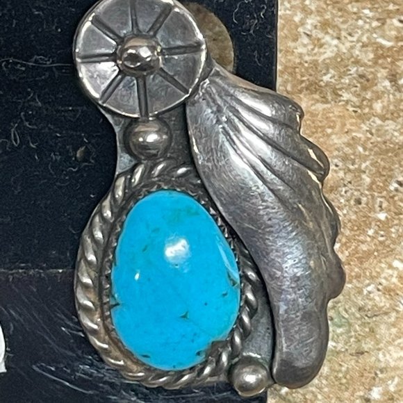 NAVAJO HANDMADE Turquoise Sterling Silver Foliate Feather Flower Clip EARRINGS - Picture 3 of 7